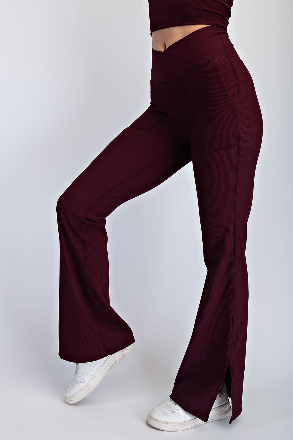 RIB V WAIST FLARED LEGGINGS DK CHERRY ACTIVE AND LOUNGE WEAR
