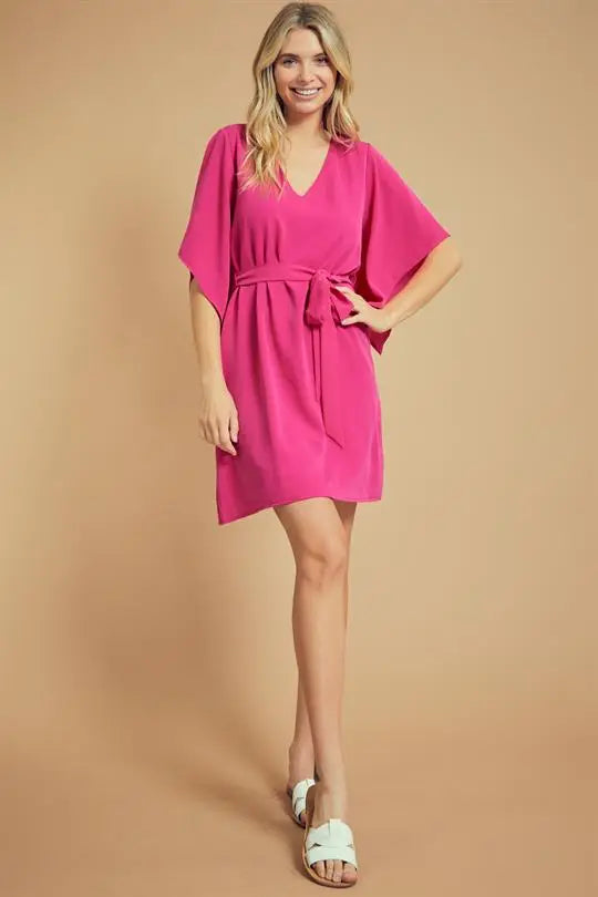 Solid A-Line Dress with Belt