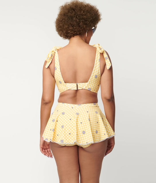 Unique Vintage Yellow Gingham & Daisy Print Swim Top