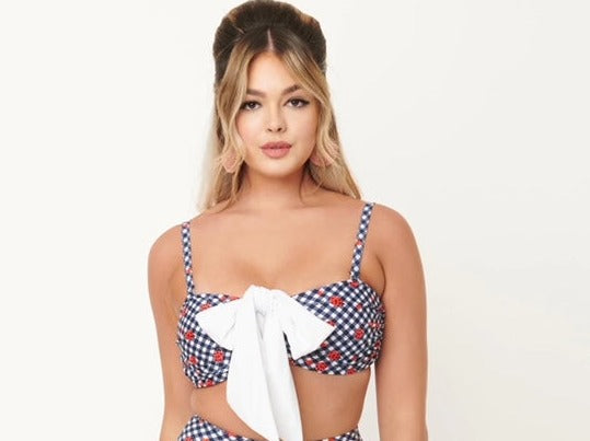 Unique Vintage Navy Gingham & Lady Bug Print Bikini Top