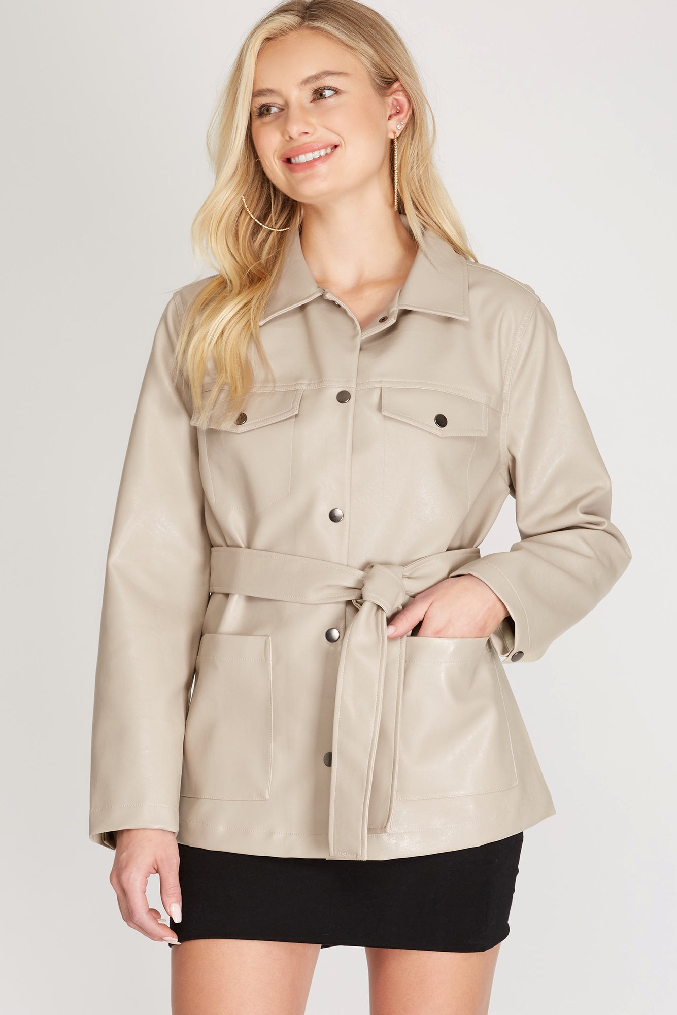 FAUX LEATHER SHIRT JACKET WITH WAIST SASH