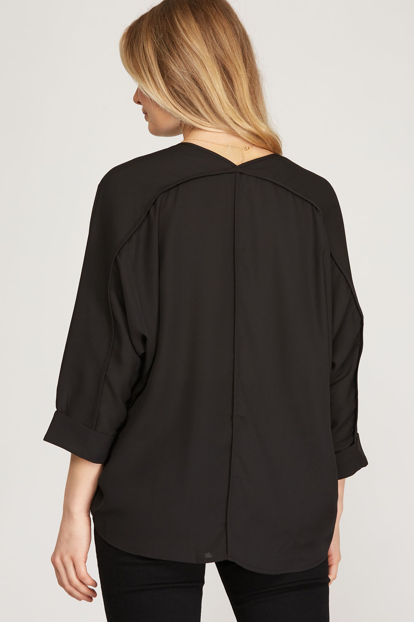 3/4 Sleeve V Neck Woven Top