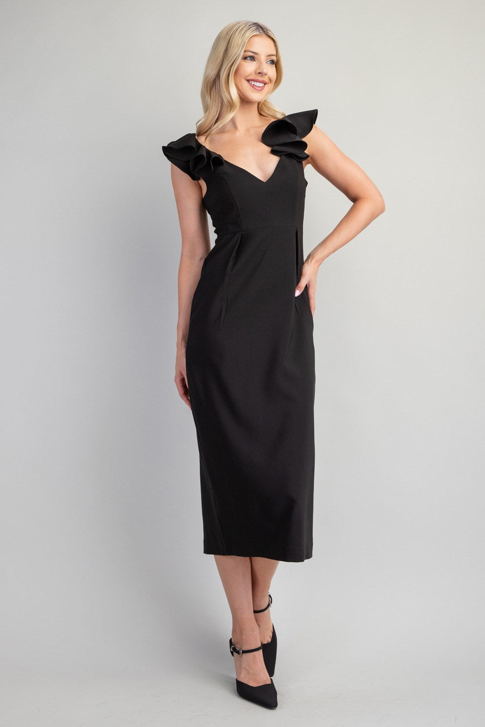Black V-Neck Flounce Shoulder Midi Dress