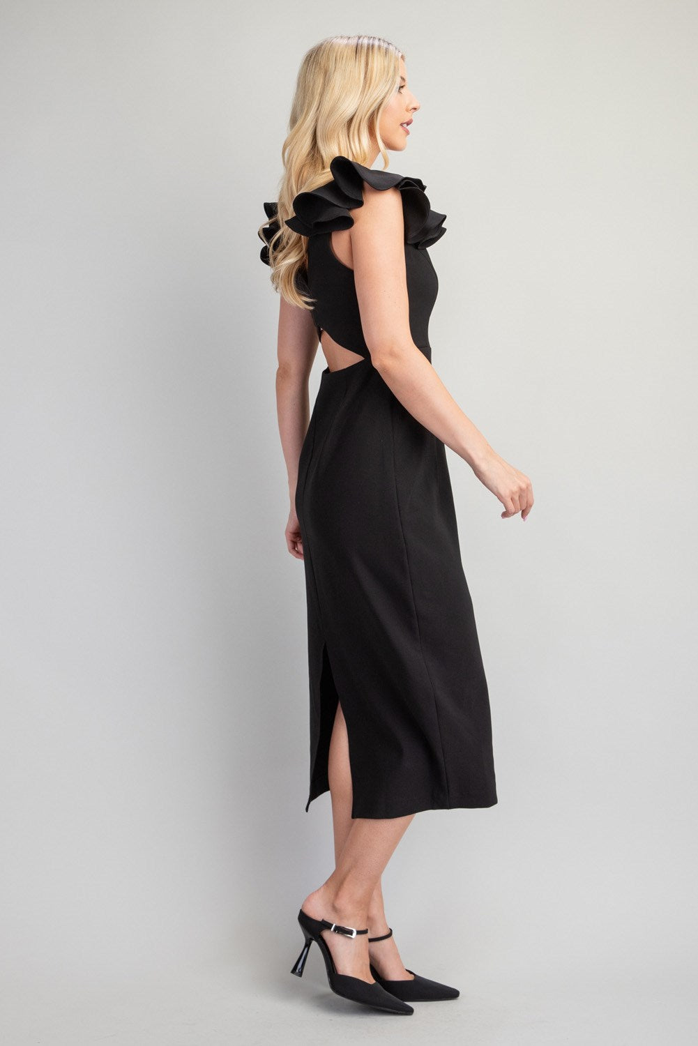 Black V-Neck Flounce Shoulder Midi Dress