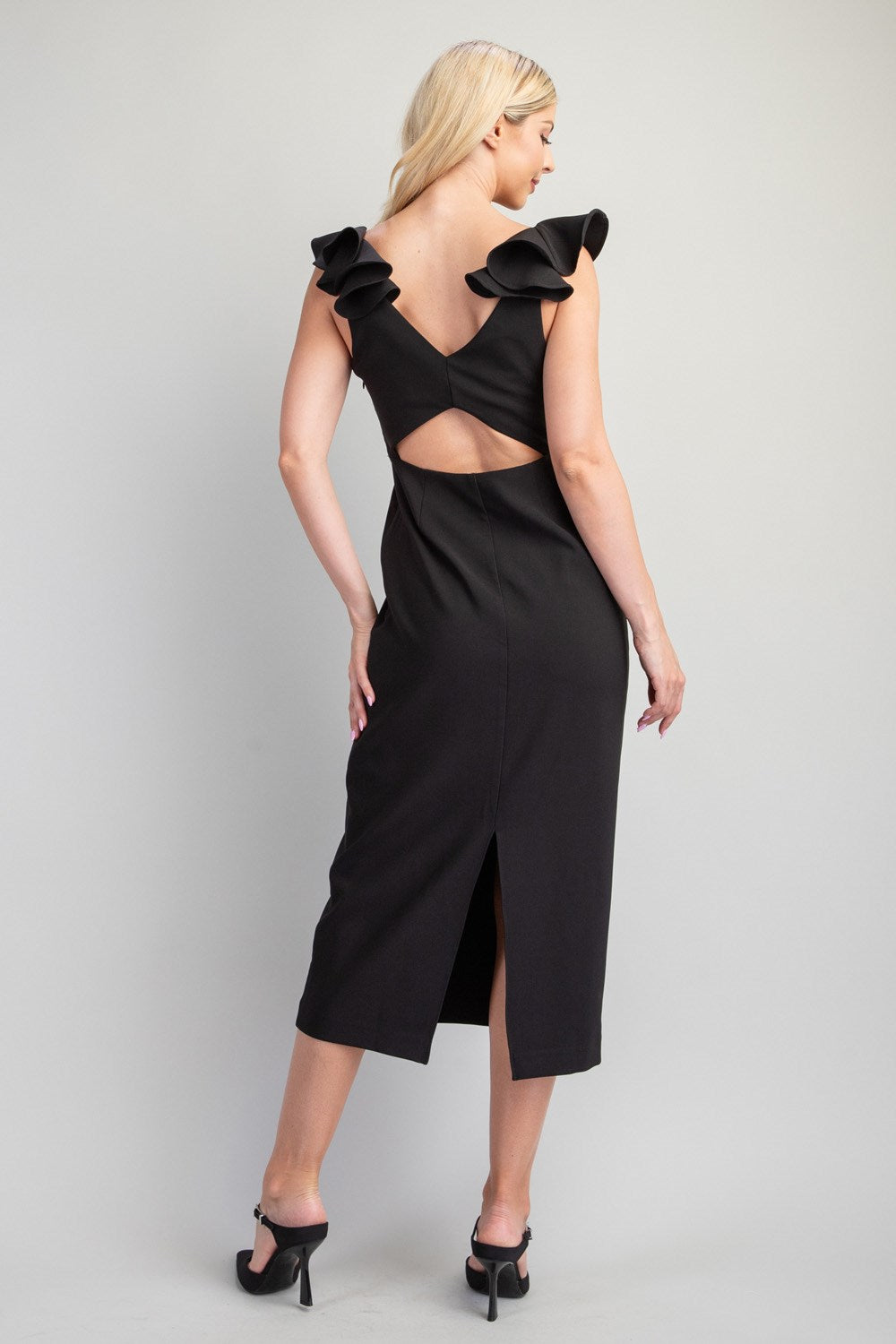 Black V-Neck Flounce Shoulder Midi Dress