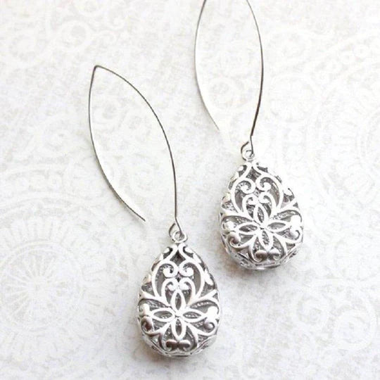 Silver Teardrop Filigree Earrings - Short