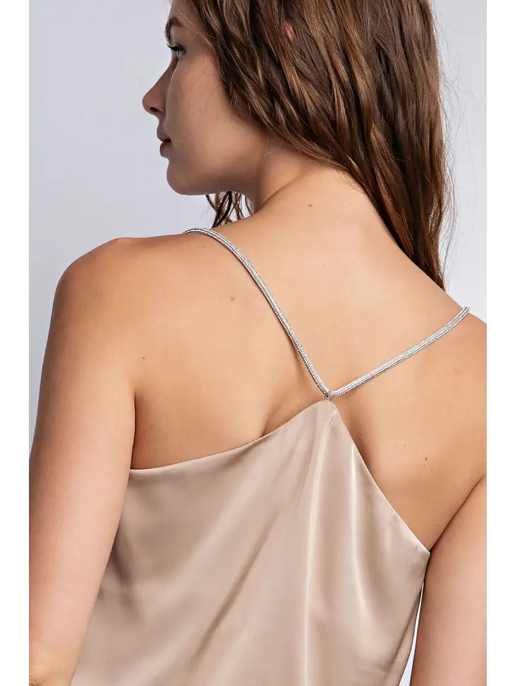 Satin Cowl Neck Top with Rhinestone Strap