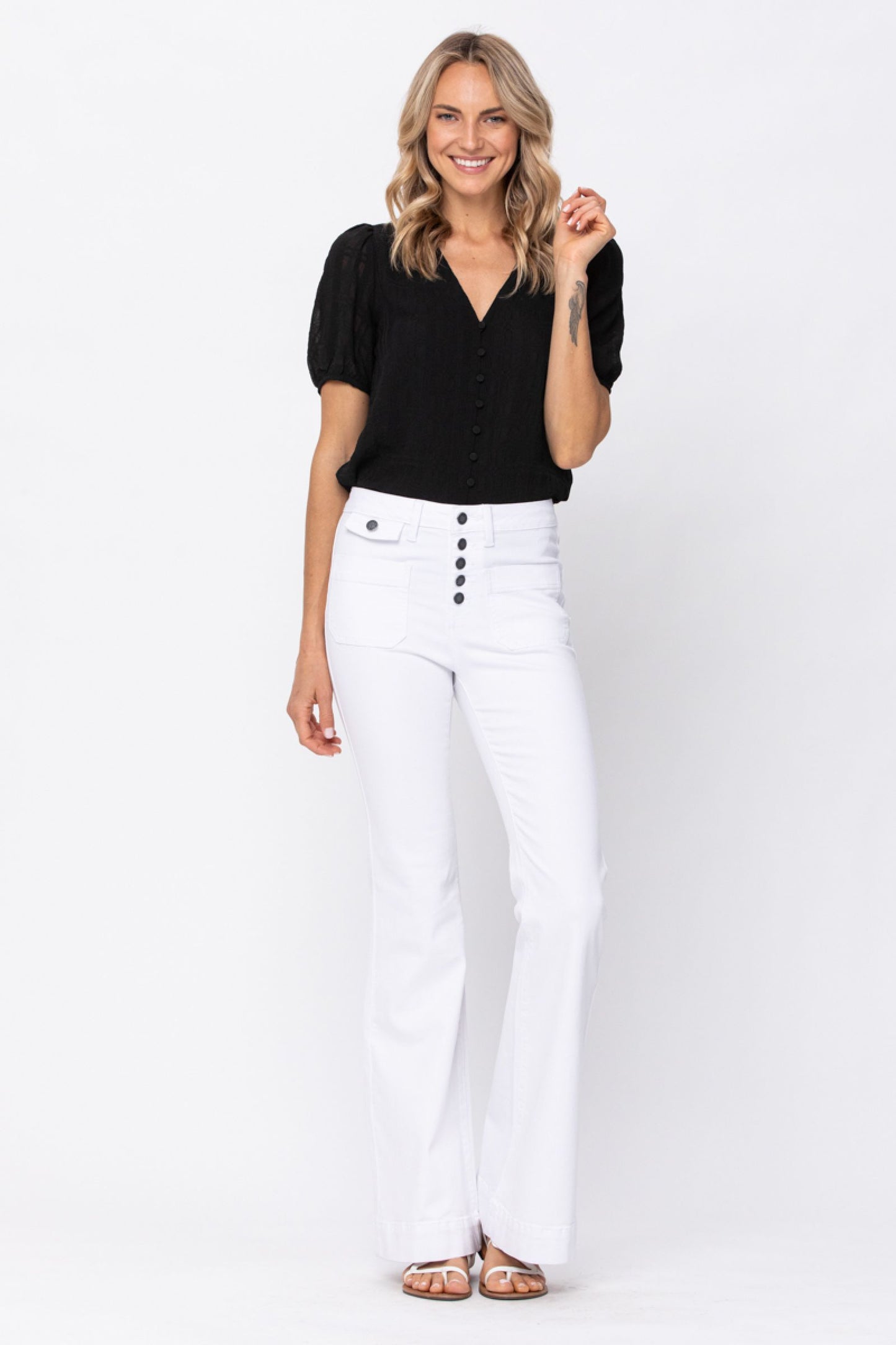 Hi Rise Button Patch Pocket Flare Jean Judy Blue