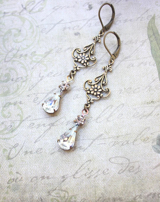 Long Filigree Crystal Glass Earring