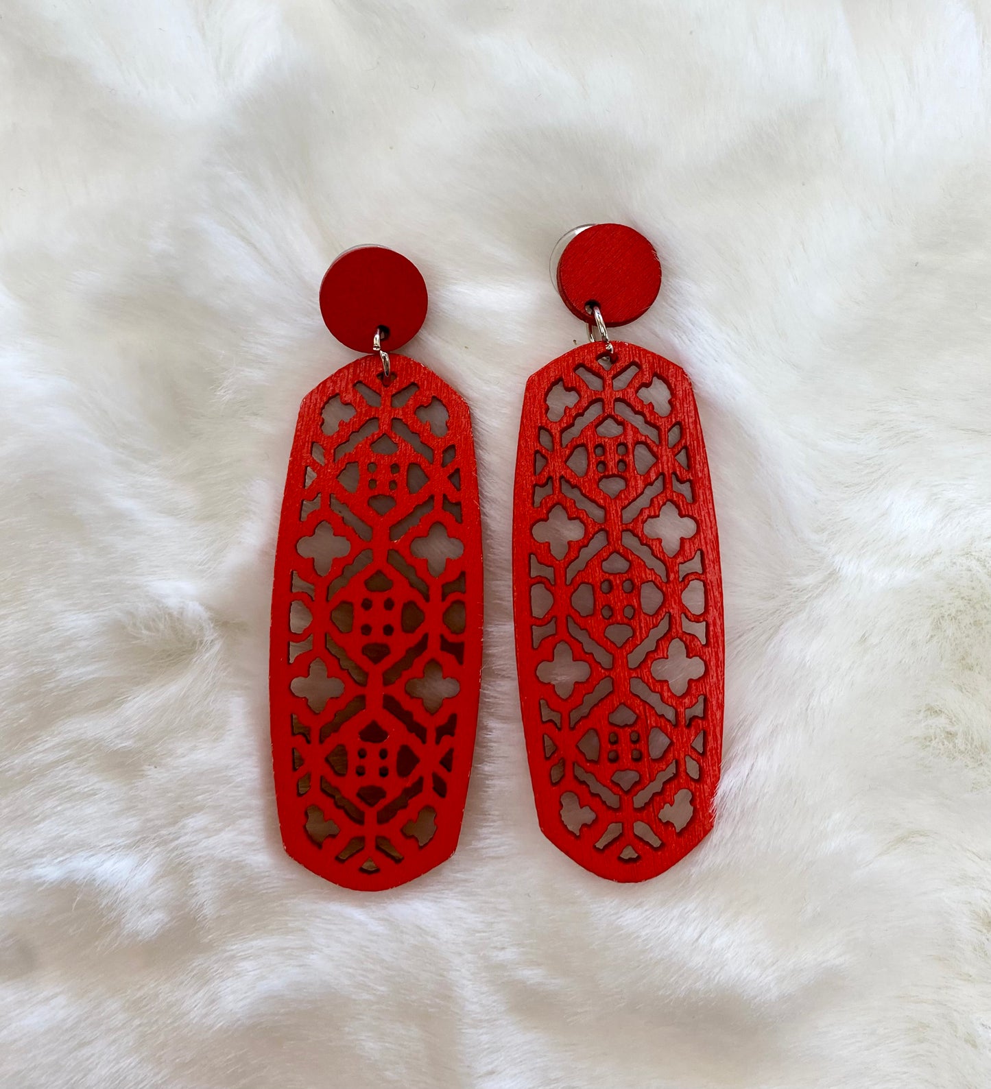 Long Red Orange Wood Earrings