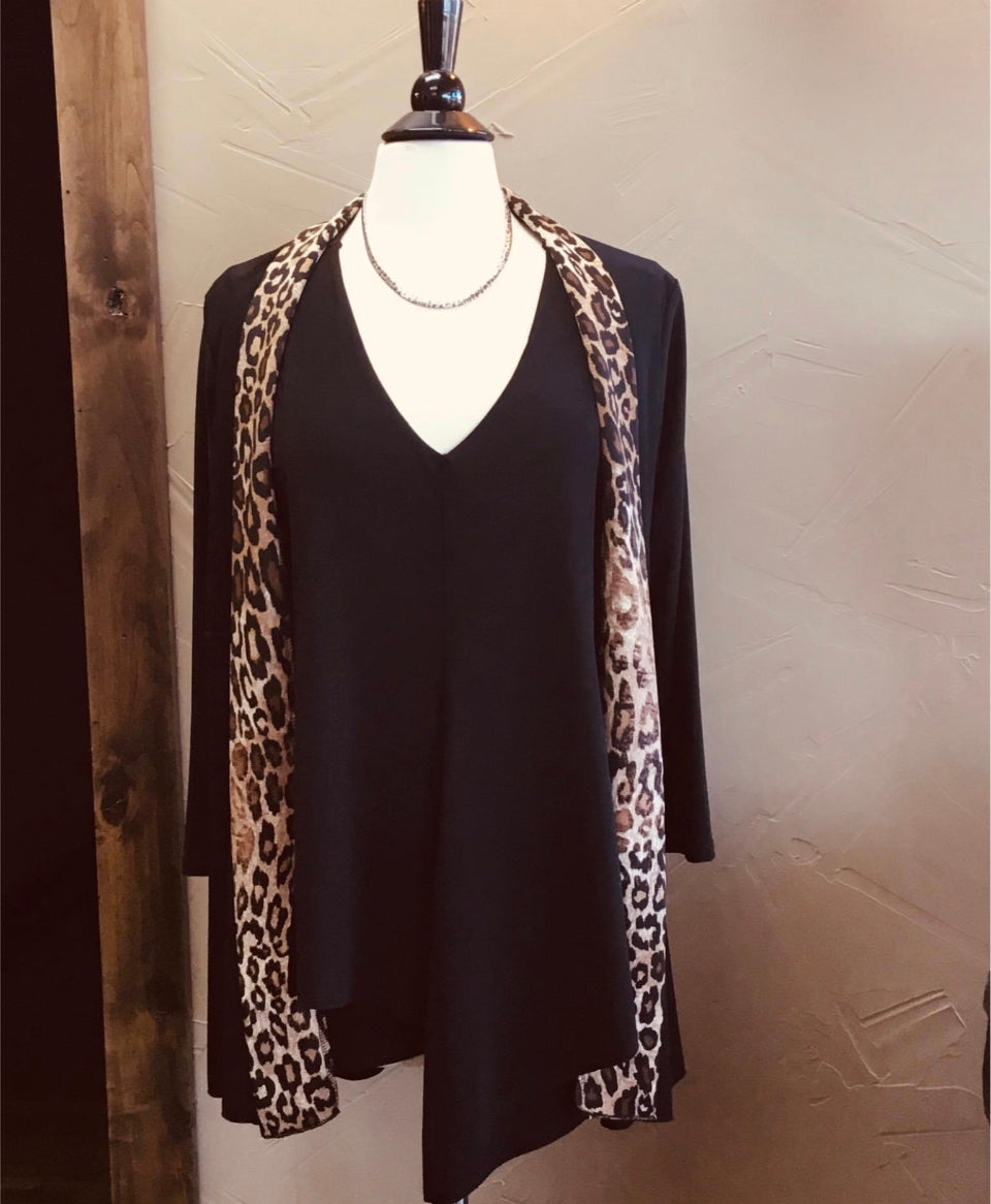 Cardigan, Black with Leopard Lapel
