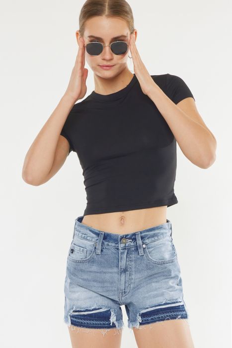 High Rise Released Hem Patch Shorts