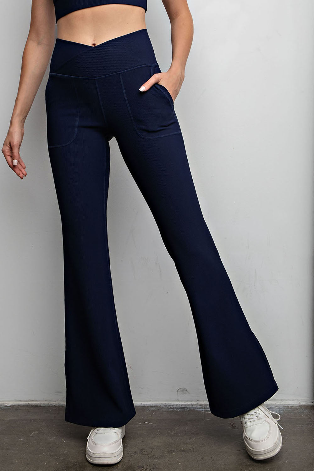 RIB V WAIST FLARED LEGGINGS NAVY ACTIVE LOUNGE WEAR