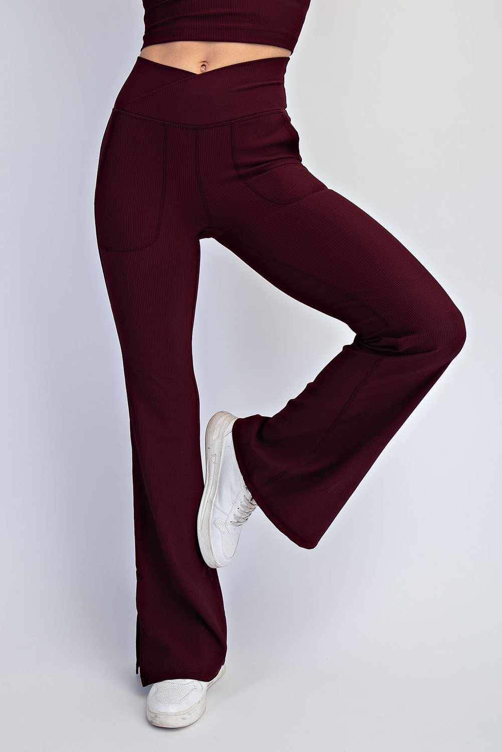 RIB V WAIST FLARED LEGGINGS DK CHERRY ACTIVE AND LOUNGE WEAR