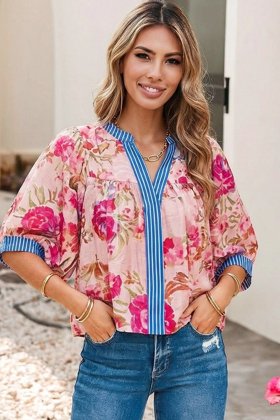 LDC Patchwork Top Floral & Stripe 3/4 Sleeve V Neck