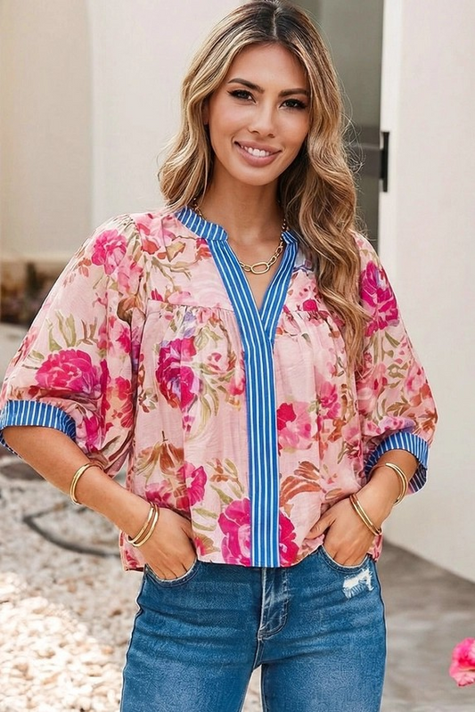 LDC Patchwork Top Floral & Stripe 3/4 Sleeve V Neck