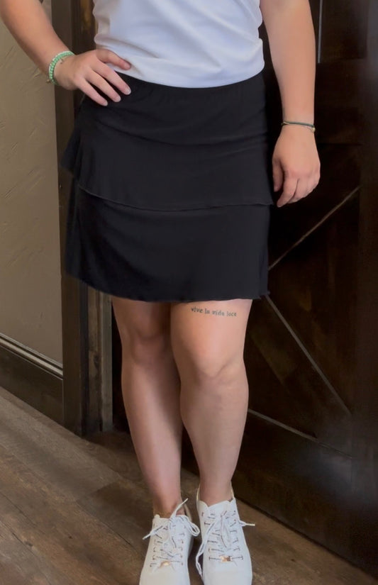 Ruffled Tiered Skirt/Skort Black Loose Fitting Skort