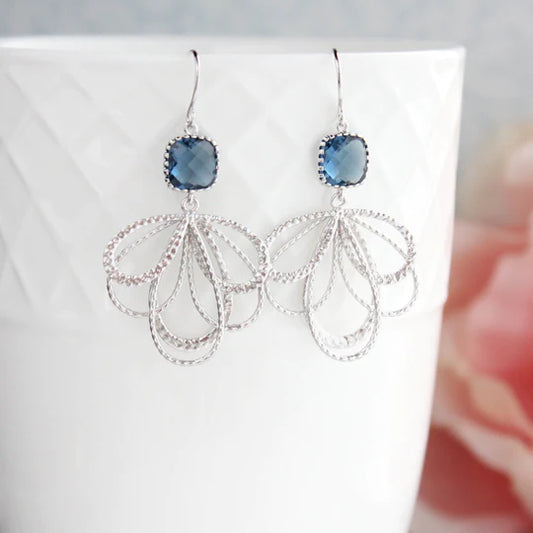 Navy Glass Modern Silver Earrings