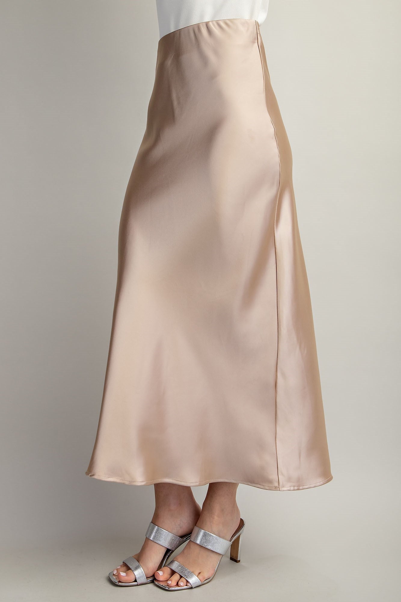 Waist Elastic Band Midi Satin Skirt