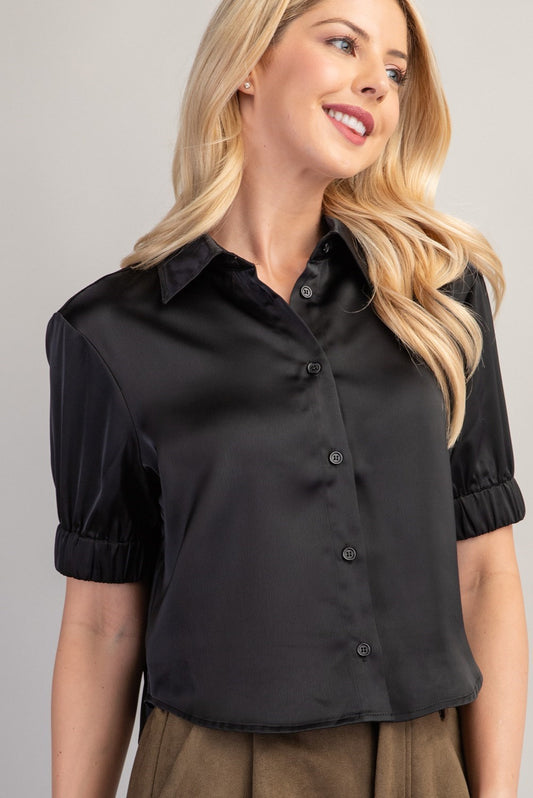 Cropped Puff Sleeve Button Up Top