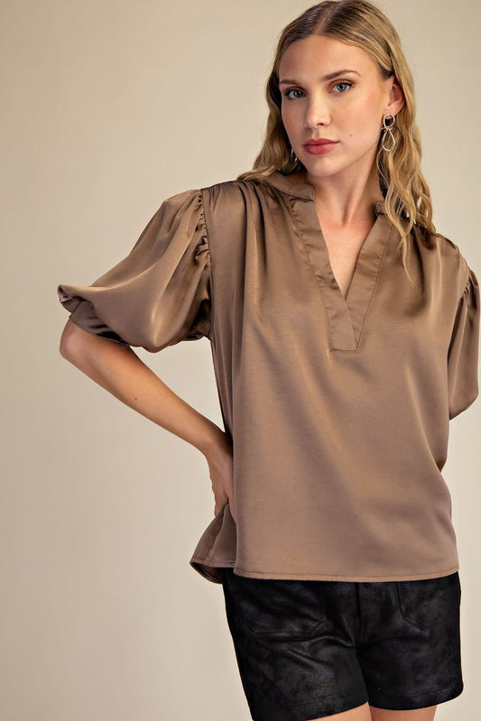 V Neck Puff Sleeve Top -Mocha