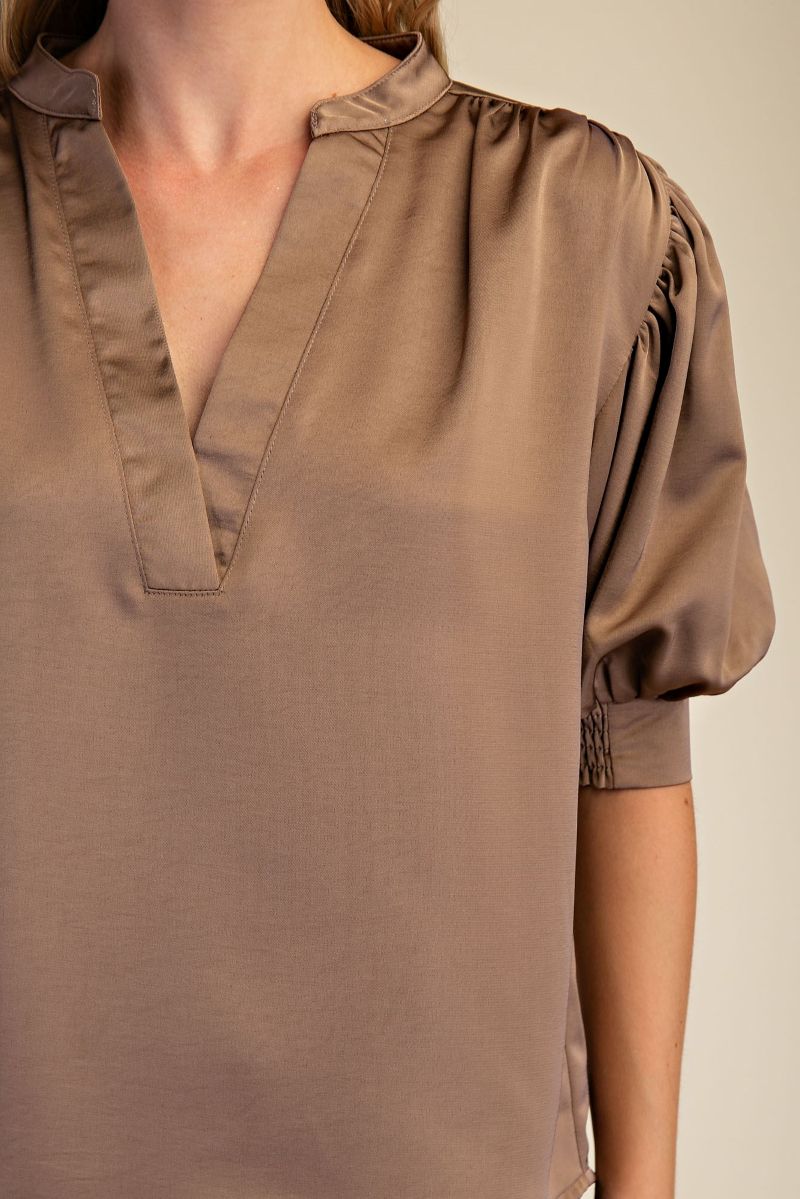 V Neck Puff Sleeve Top -Mocha