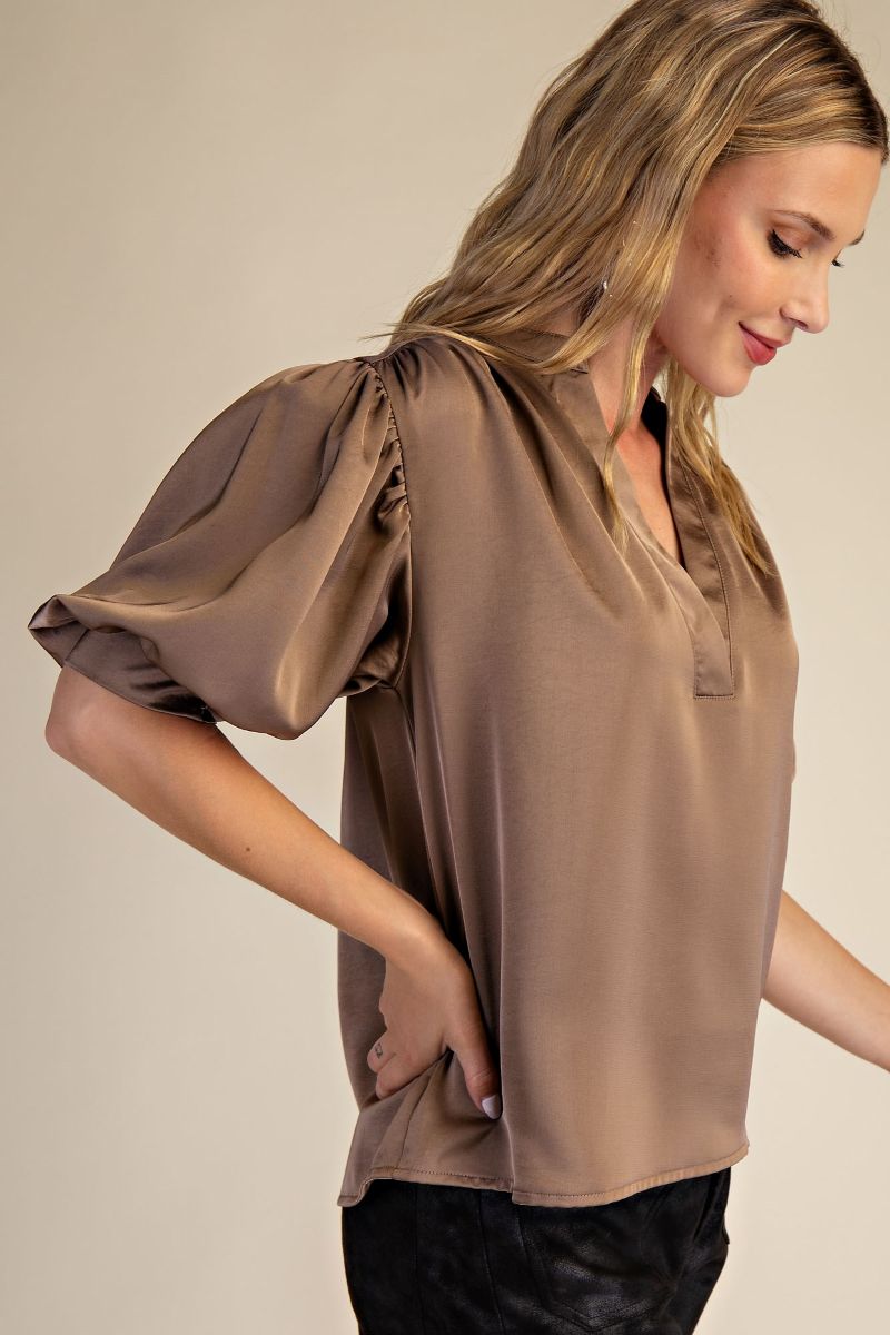 V Neck Puff Sleeve Top -Mocha
