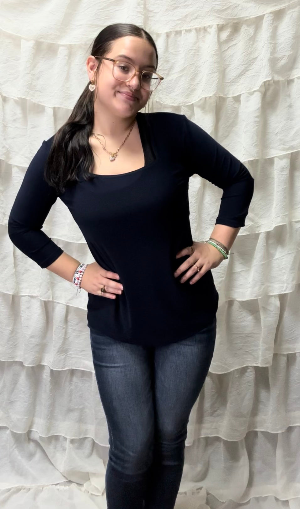 Top Square Neck 3/4 Sleeve, Navy