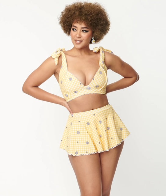 Unique Vintage Yellow Gingham & Daisy Pin Up Swim Skirt