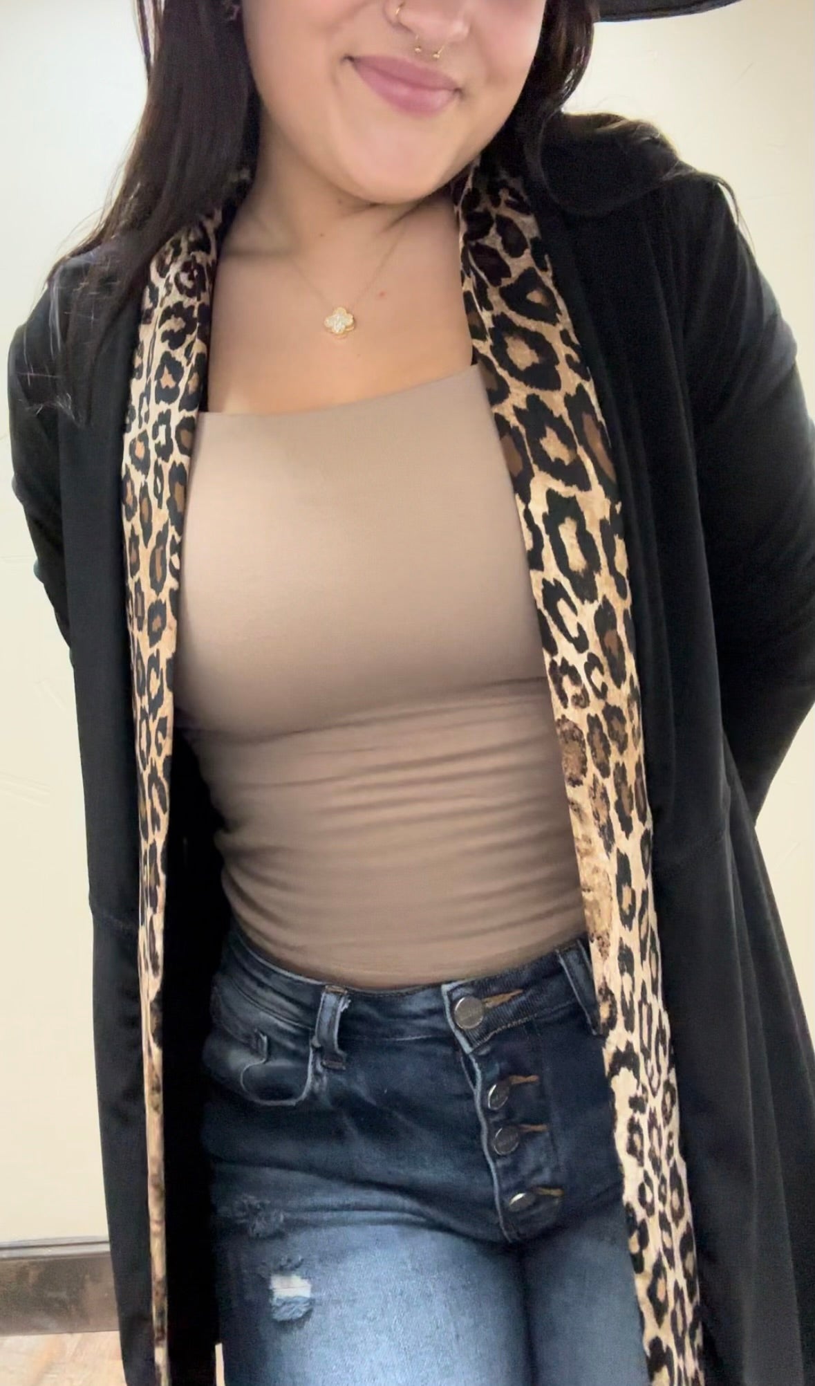 Cardigan, Black with Leopard Lapel