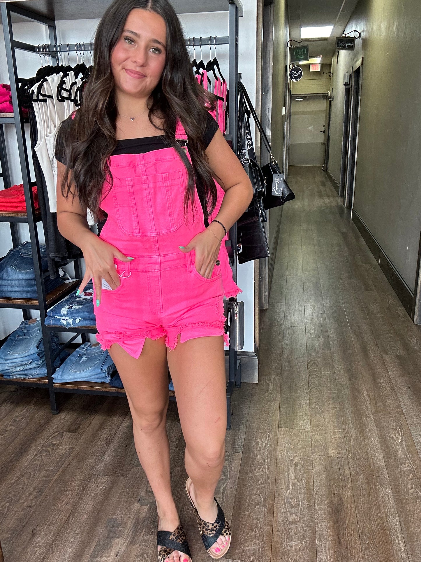 Risen hot pink front distressed shortall