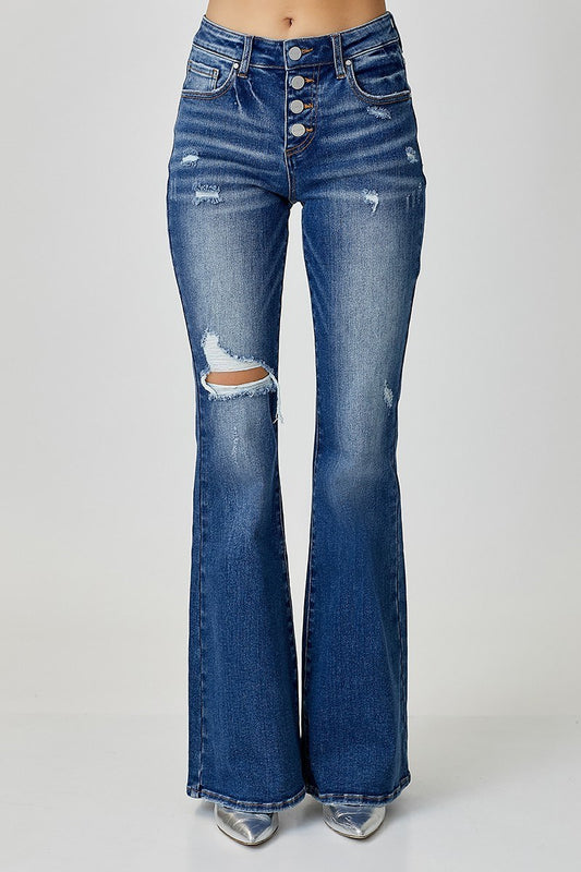 Mid Rise Button Down Flare Jeans- Risen