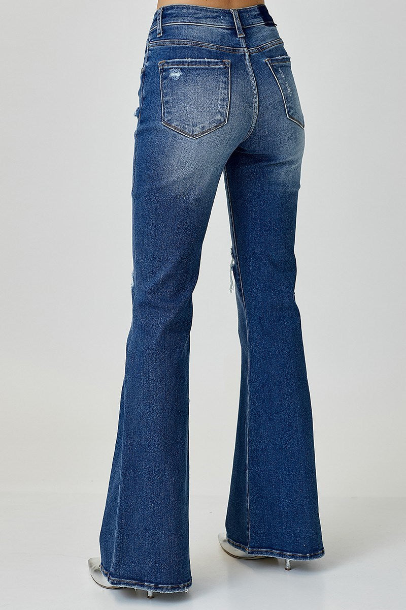 Mid Rise Button Down Flare Jeans