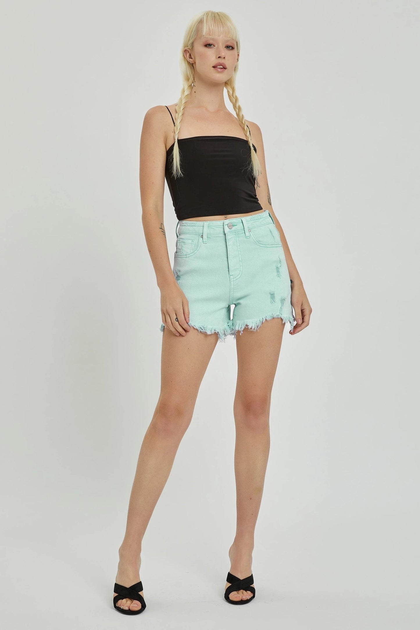 Risen Mint High Rise Distressed Detail Shorts PLUS