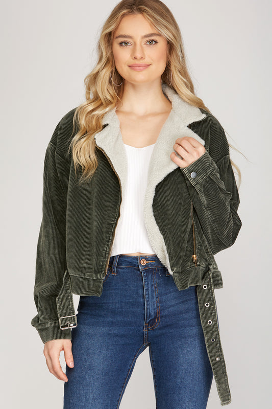 CORDUROY ZIP UP JACKET FAUX SHEARLING LINING