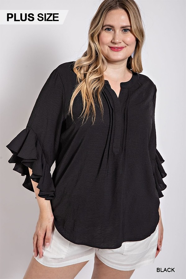 Ruffled Bell Sleeve & Front Pleated Top XL-2XL