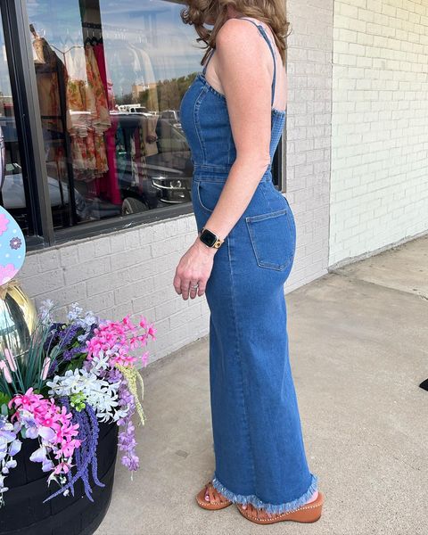 A washed denim midi dress