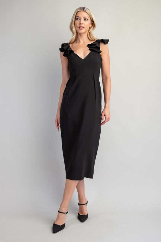 Black V-Neck Flounce Shoulder Midi Dress