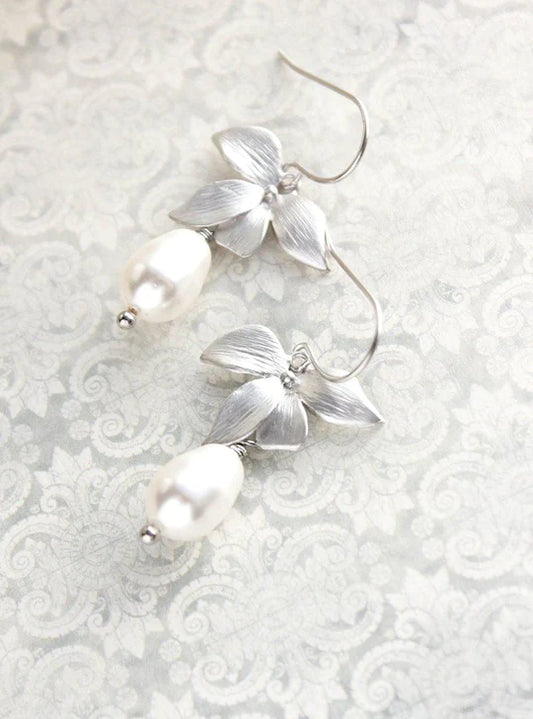 Silver Orchid Flower Earrings  - Matte Silver
