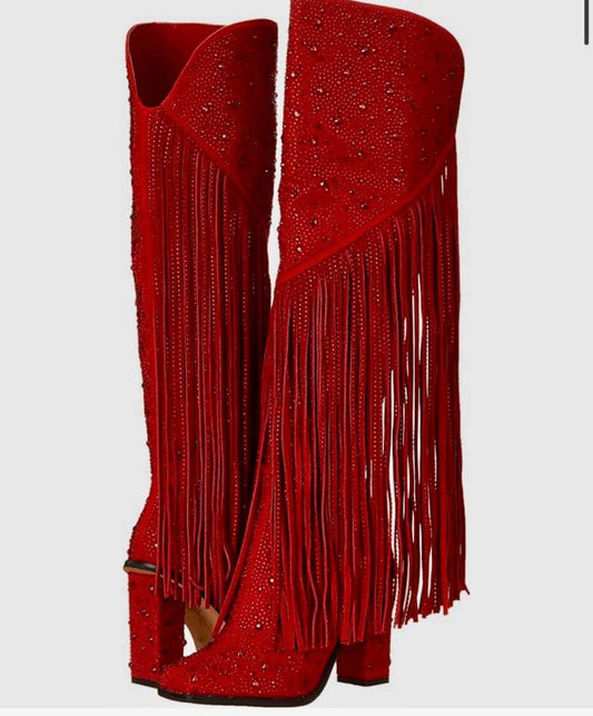 Wicked Red Fringe Knee Boot