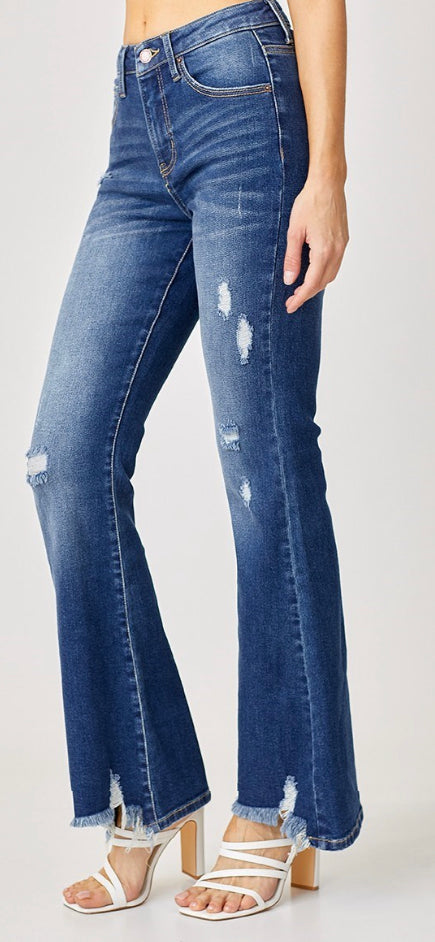 Risen High Rise Distressed Flare Jeans