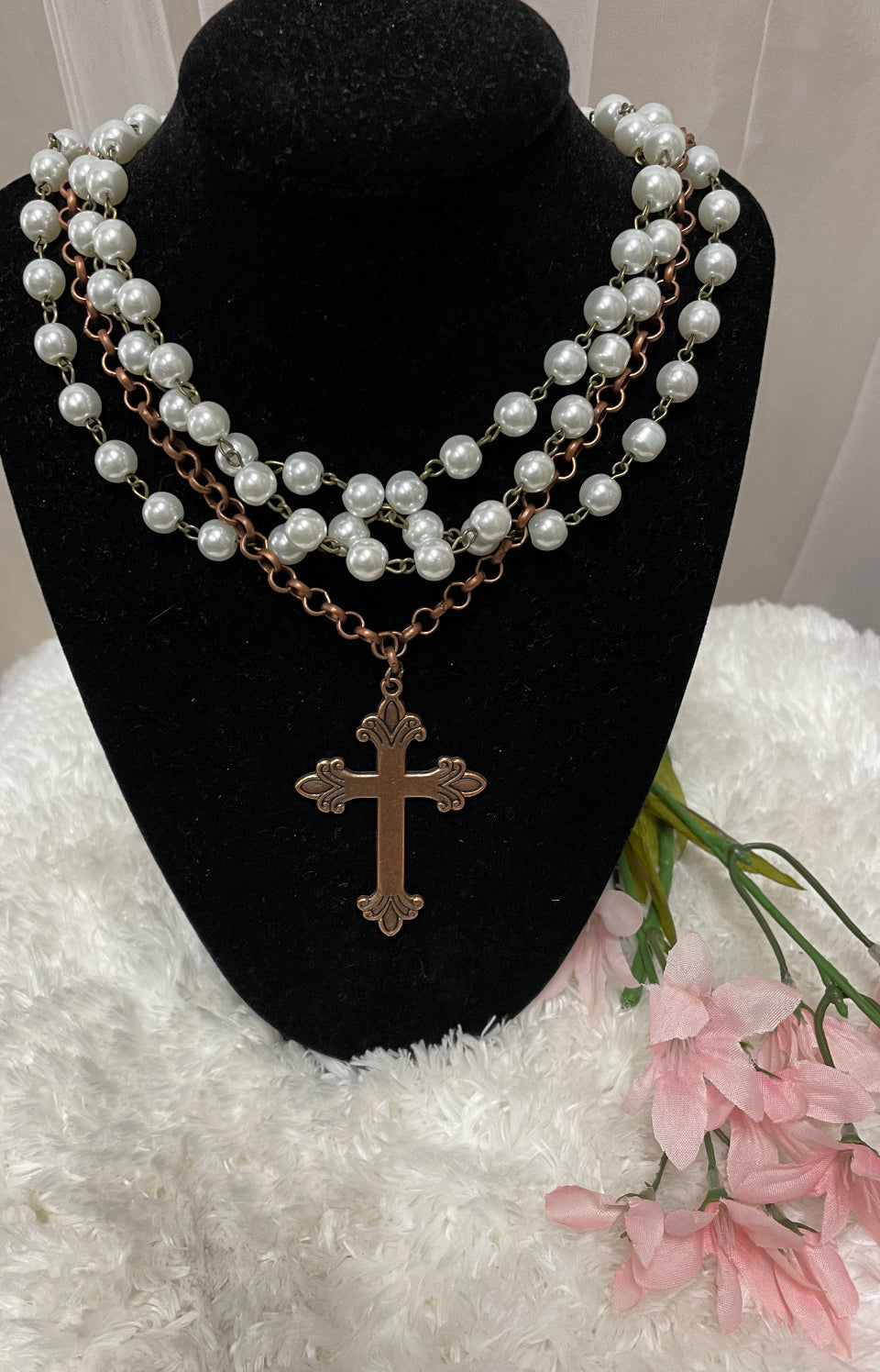Pearl and Copper Collar Length Necklace with Copper Cross