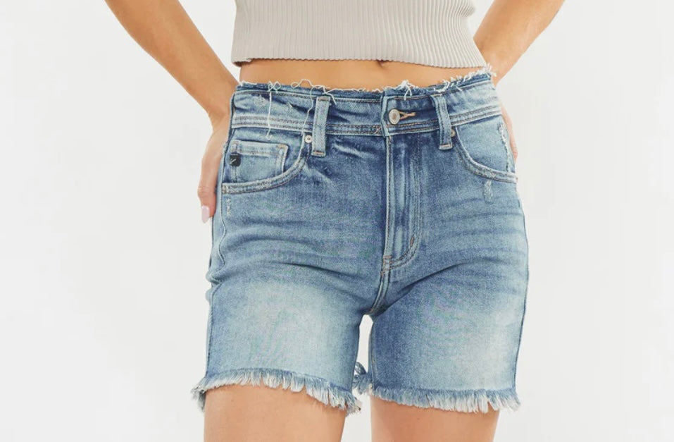 High Waist Shorts with Waistband and Fray Detail