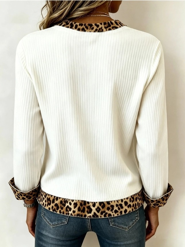 V Neck Ribbed Leopard Patchwork Top