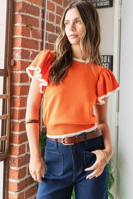 Sweater Knit Ruffle Sleeve Orange Contrast Crop Top