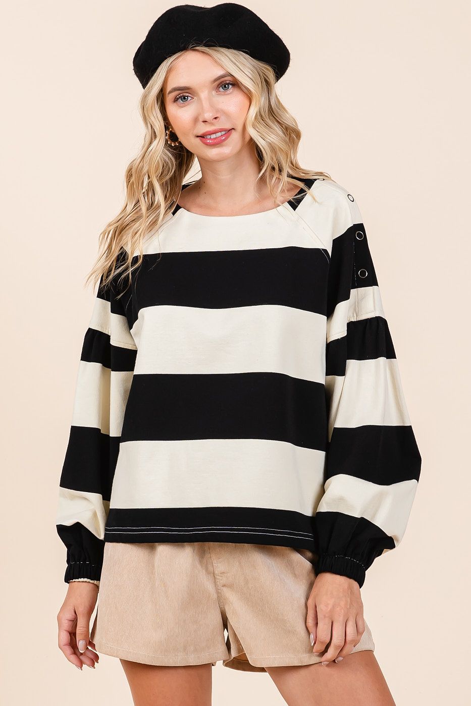 Stripped Shoulder Button Long Sleeve Top