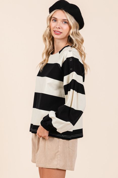 Stripped Shoulder Button Long Sleeve Top