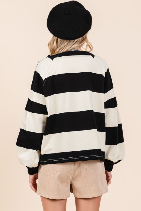 Stripped Shoulder Button Long Sleeve Top