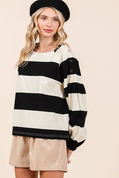 Stripped Shoulder Button Long Sleeve Top