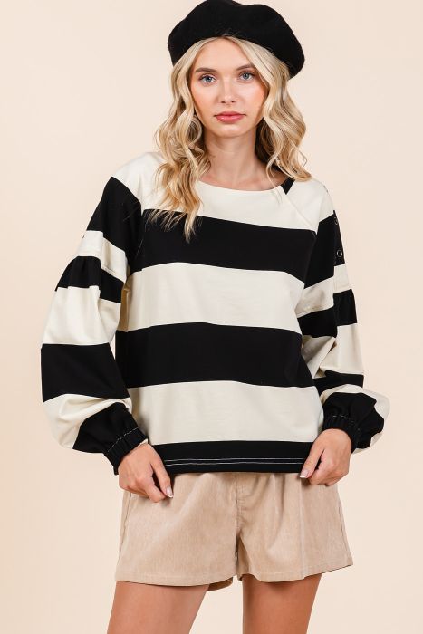 Stripped Shoulder Button Long Sleeve Top